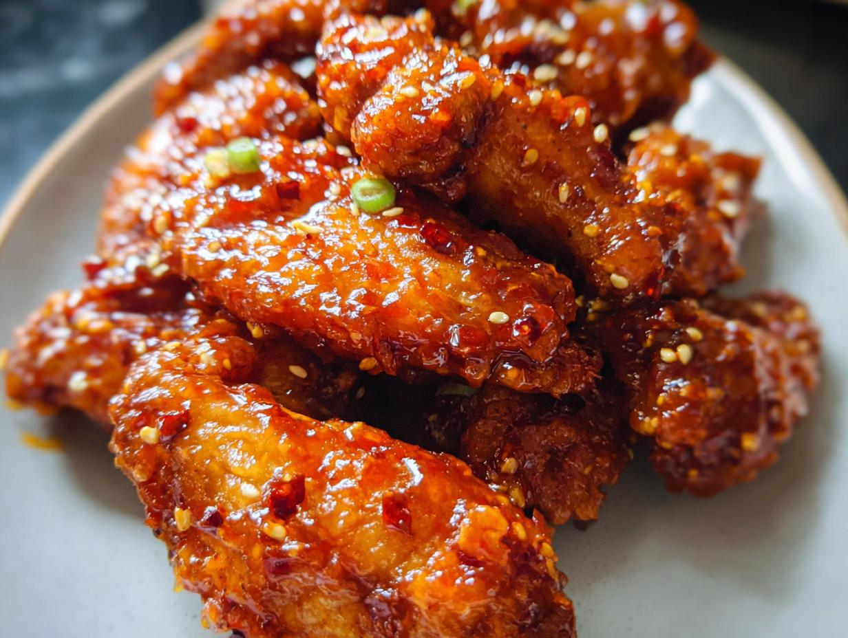 A close-up shot of crispy Sweet Chili Glazed Chicken Wings coated in a shiny, reddish-orange sauce and sprinkled with sesame seeds.