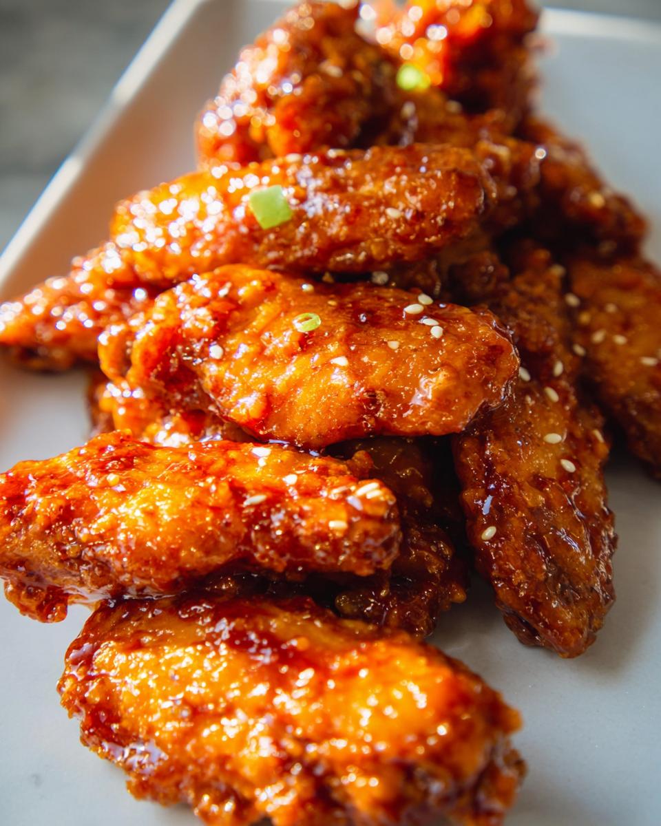 A pile of glossy, orange-glazed Sweet Chili Glazed Chicken Wings sprinkled with sesame seeds.