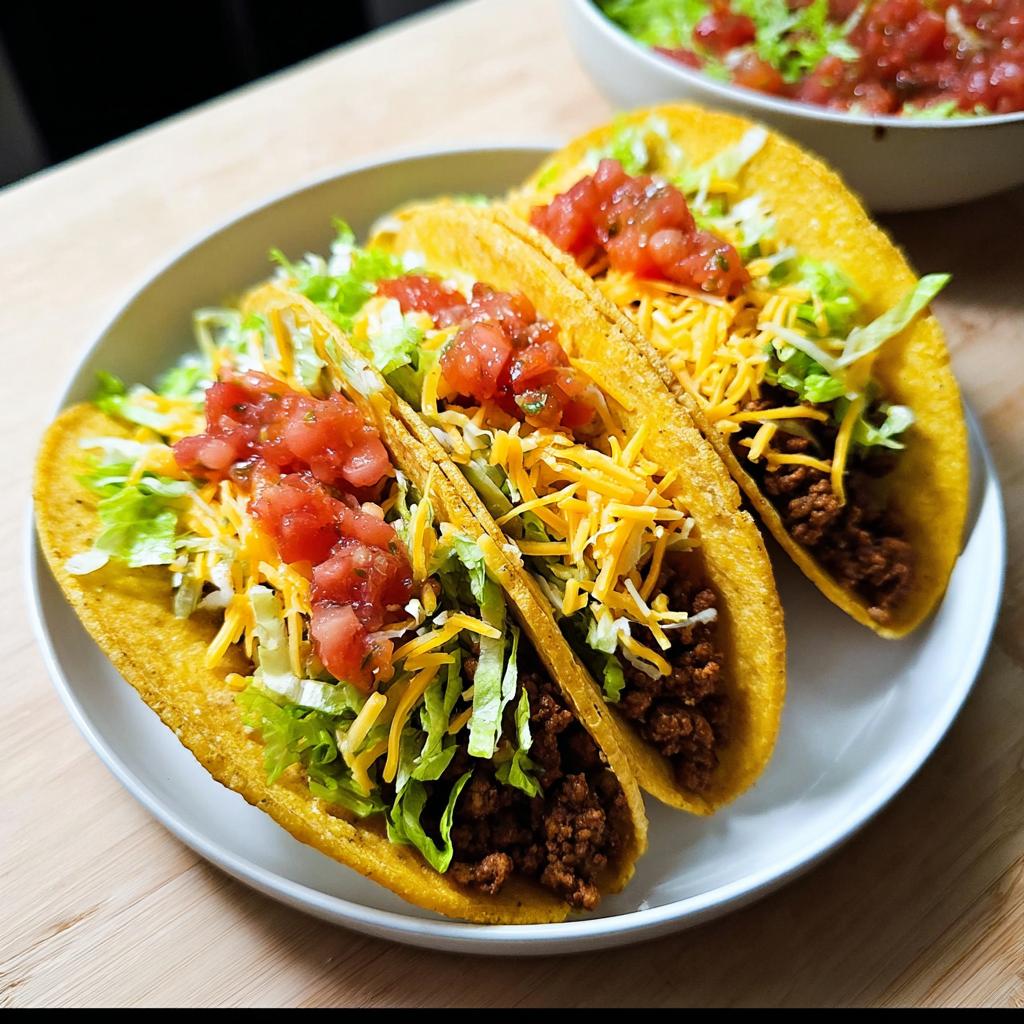 Three crispy shell tacos filled with seasoned ground beef, lettuce, shredded cheese, and salsa for Taco Tuesday Recipes.