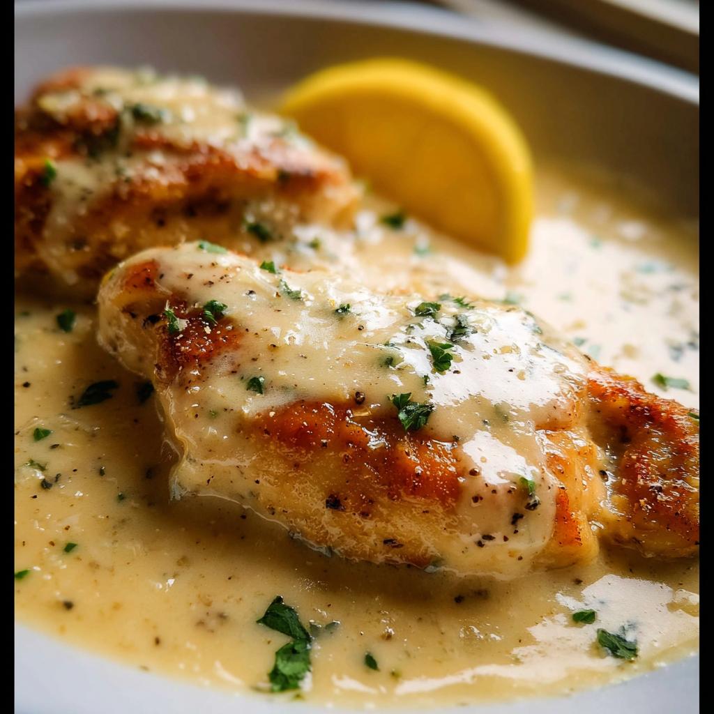 Two golden-brown chicken breasts smothered in a creamy sauce, topped with parsley, part of our Tangy Lemon Cream Chicken.