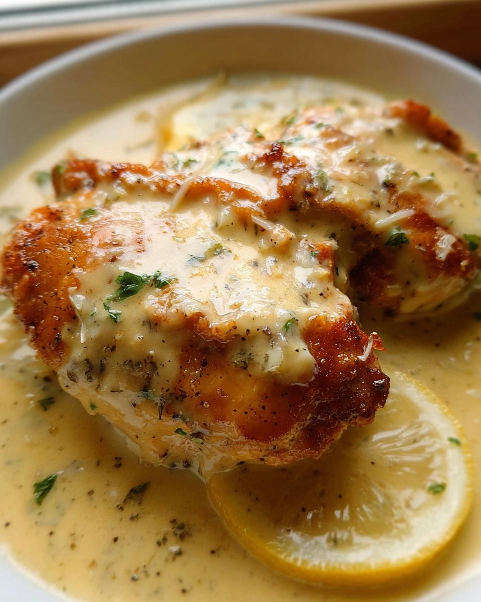 Two pieces of golden-brown chicken covered in a rich, creamy sauce with herbs, served with lemon slices for Tangy Lemon Cream Chicken.