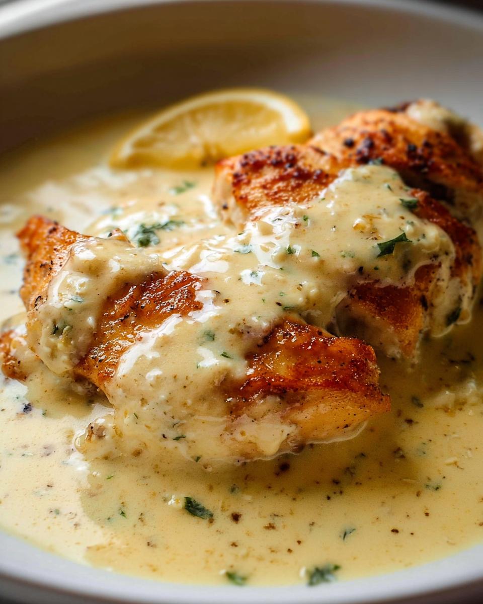 Close-up of seared chicken breasts smothered in a creamy, tangy lemon cream sauce, garnished with parsley and a lemon slice.
