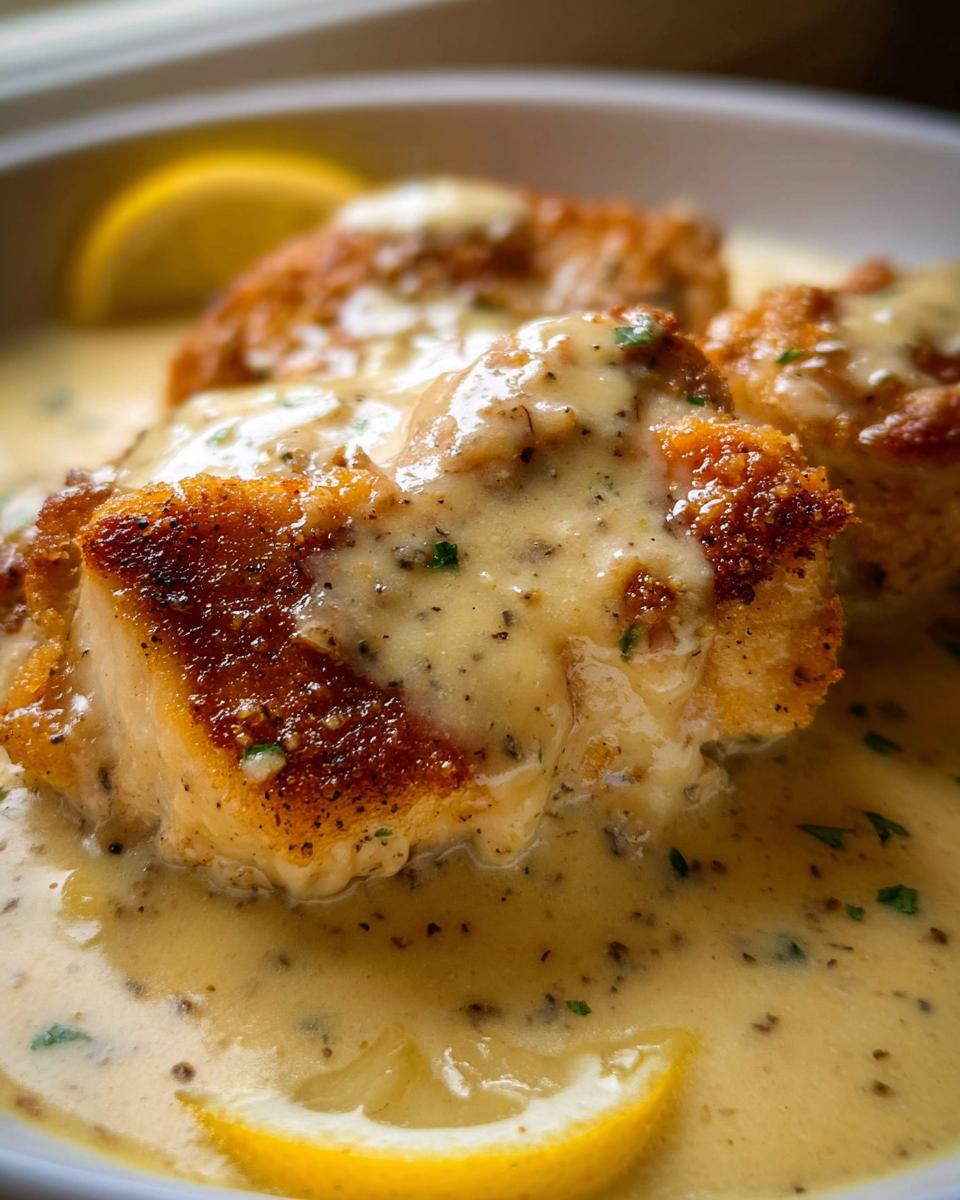 Close-up of pan-seared chicken pieces smothered in a creamy, peppery Tangy Lemon Cream Chicken sauce, garnished with lemon slices.