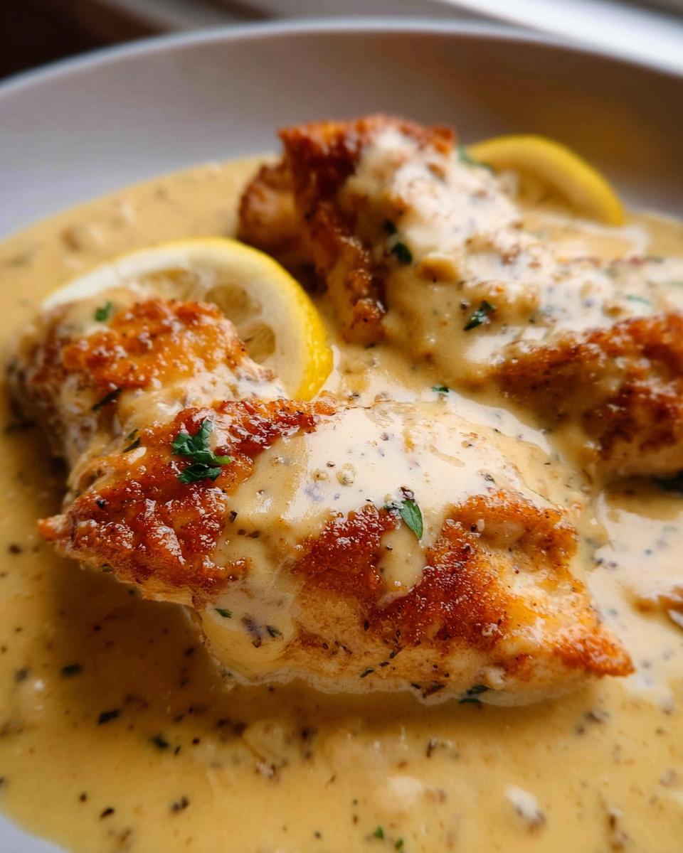 Close-up of pan-seared chicken breasts smothered in a creamy, speckled sauce and garnished with lemon slices for Tangy Lemon Cream Chicken.