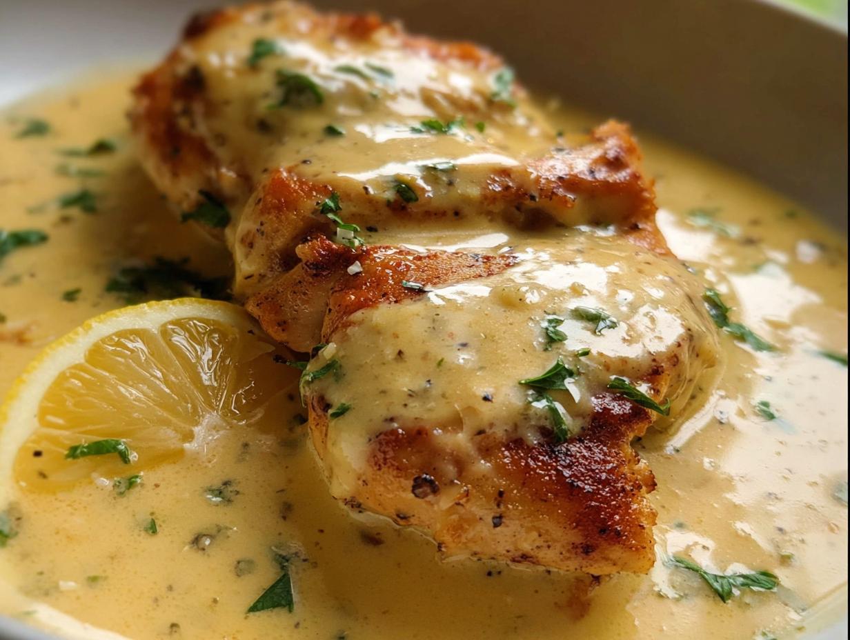 A close-up of pan-seared chicken breast smothered in a rich, creamy sauce and garnished with parsley, featuring a lemon slice for Tangy Lemon Cream Chicken.