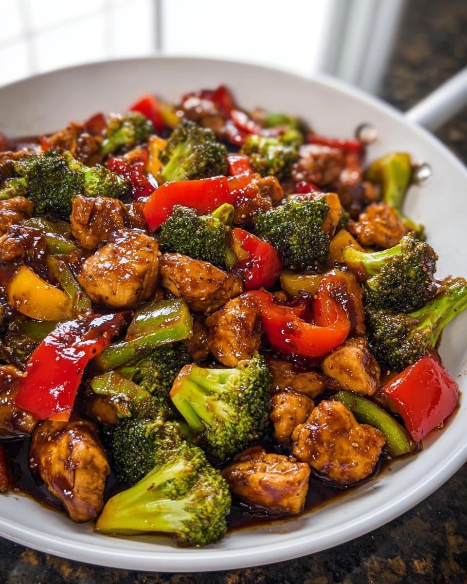 Close-up of savory Teriyaki Chicken Stir Fry featuring chunks of chicken, bright green broccoli, and red bell peppers coated in a dark sauce.