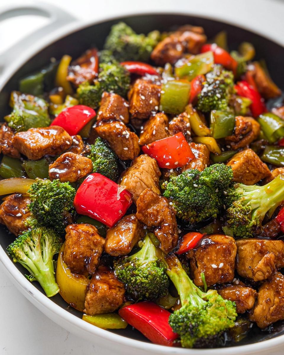 Close-up of glossy Teriyaki Chicken Stir Fry featuring chunks of chicken, bright broccoli florets, and colorful bell peppers.