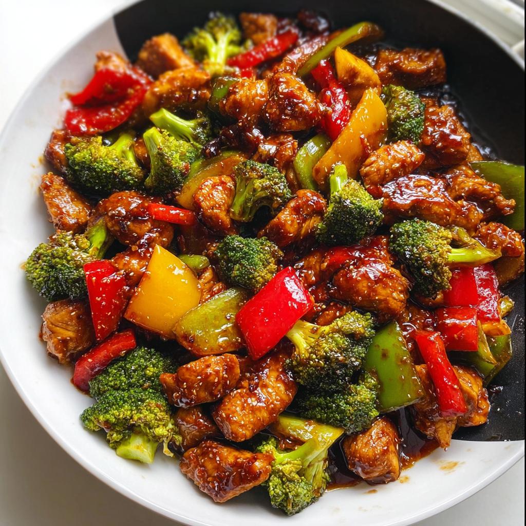 Close-up of Teriyaki Chicken Stir Fry featuring glossy chicken pieces, bright green broccoli, and chunks of red and yellow bell peppers.