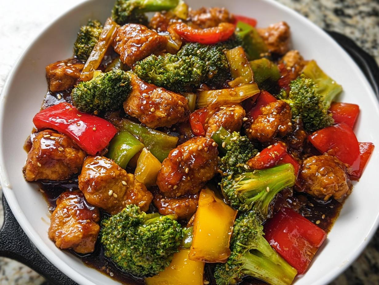 A close-up of vibrant Teriyaki Chicken Stir Fry featuring glazed chicken pieces, broccoli florets, and colorful bell peppers in a rich sauce.