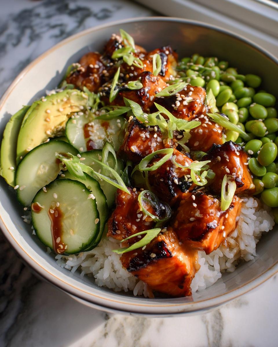 Close-up of a Teriyaki Glazed Salmon Rice Bowl with avocado, cucumber, and edamame.