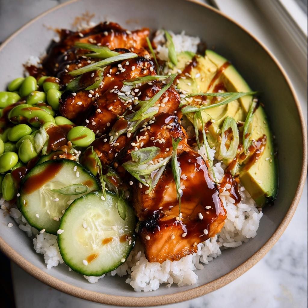 A close-up of a Teriyaki Glazed Salmon Rice Bowl topped with avocado, edamame, and cucumber.