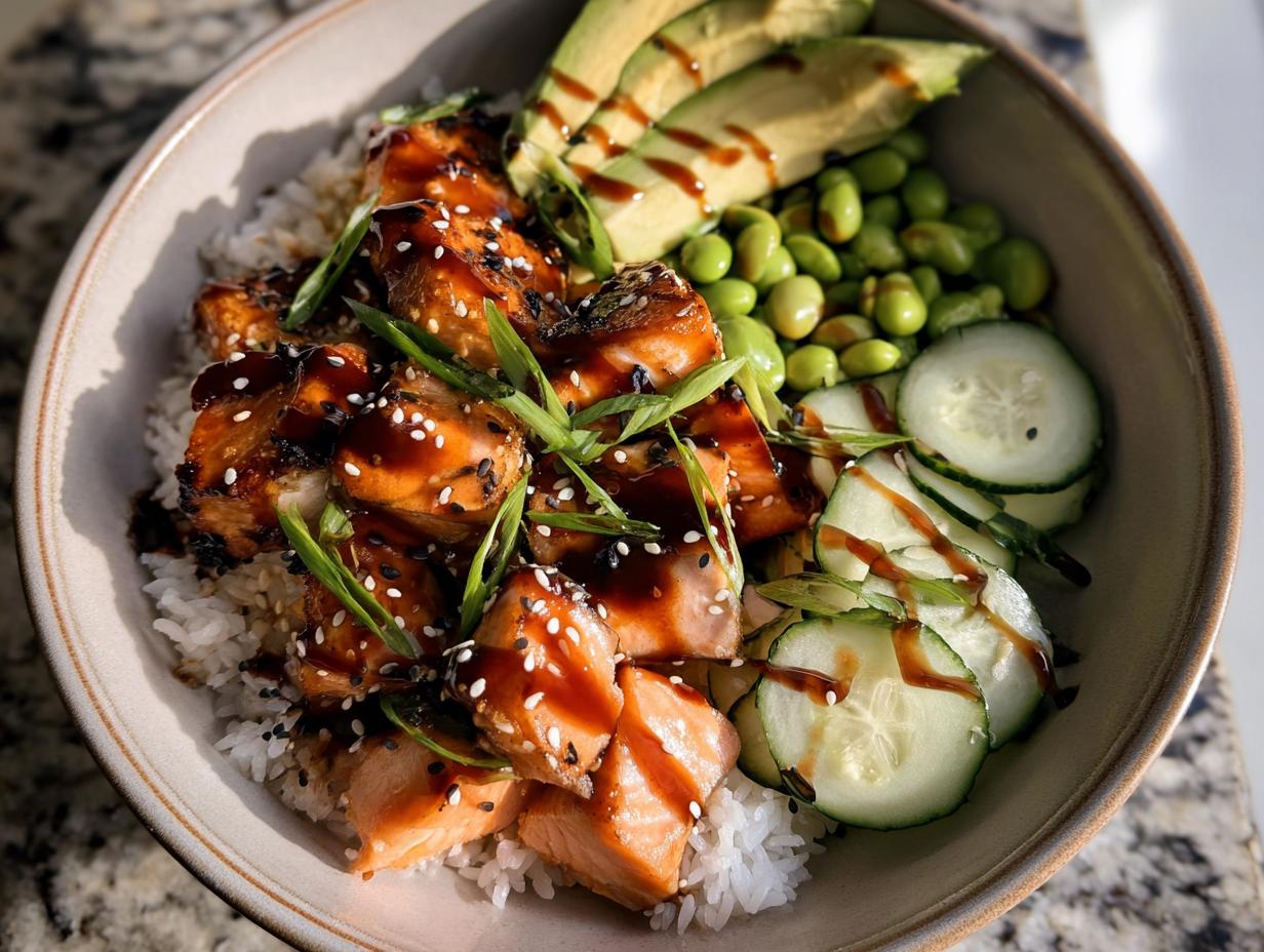 Close-up of a Teriyaki Glazed Salmon Rice Bowl with avocado, edamame, and cucumber slices.