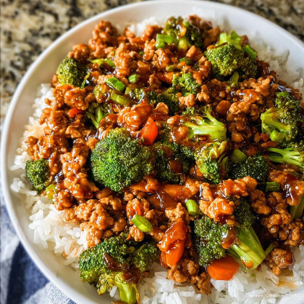 Close-up of a Teriyaki Ground Turkey Bowl served over white rice with bright green broccoli florets.