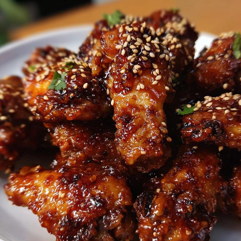 Close-up of sticky, glazed Teriyaki Sesame Baked Chicken Wings topped with white sesame seeds.