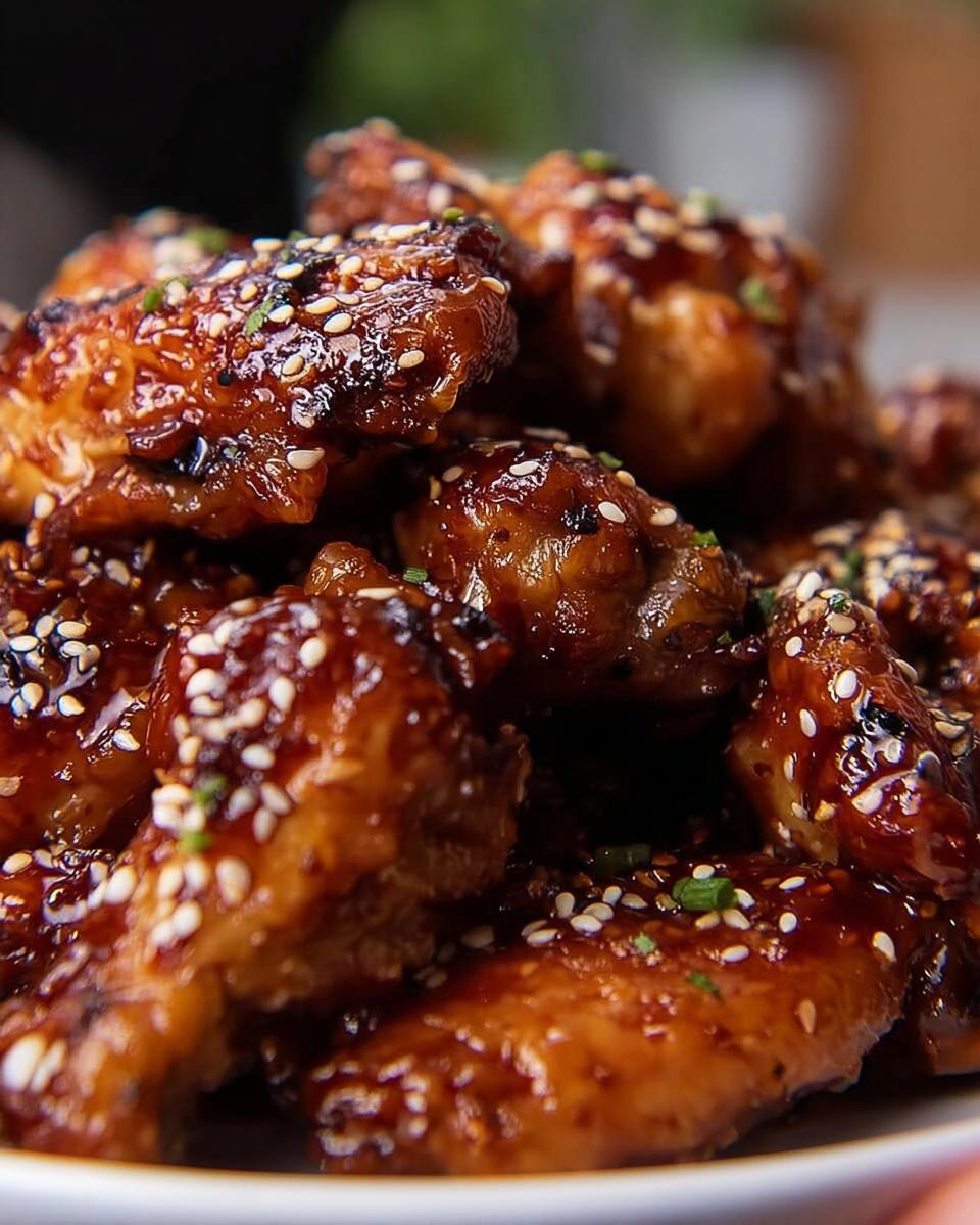 Close-up of sticky, glazed Teriyaki Sesame Baked Chicken Wings sprinkled with white sesame seeds and chives.