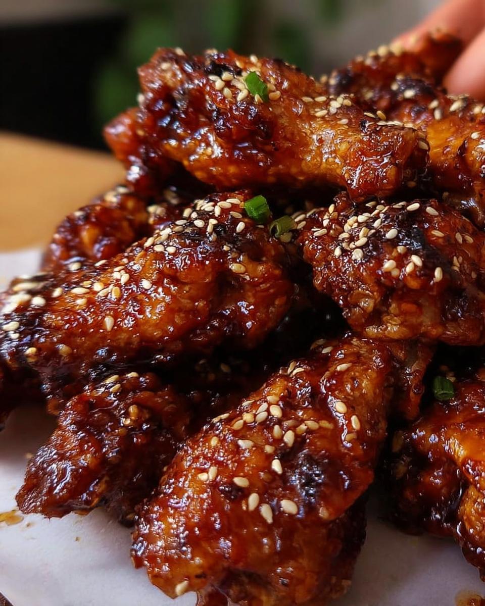 Close-up of sticky, glazed Teriyaki Sesame Baked Chicken Wings topped with sesame seeds.