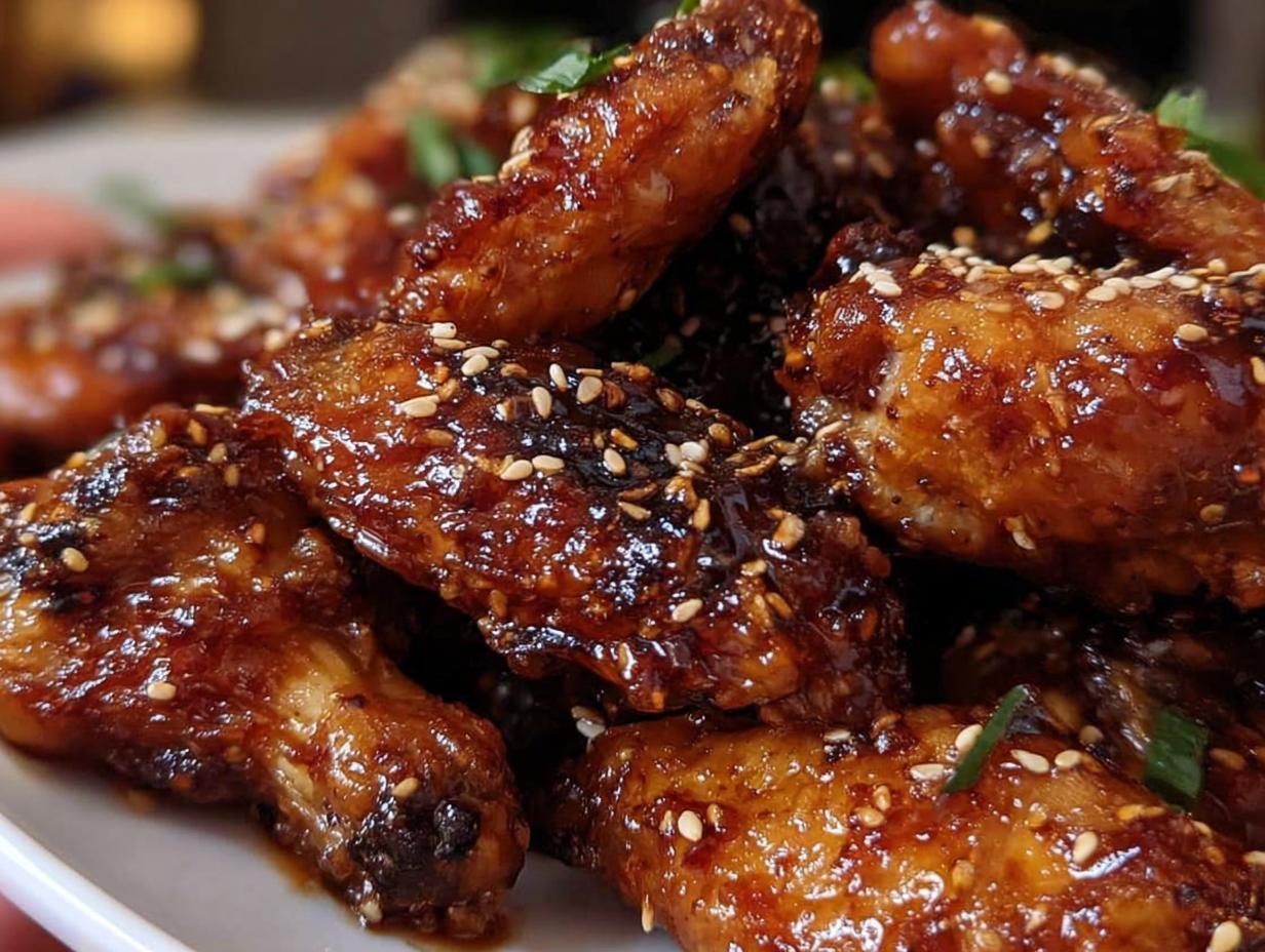 Close-up of sticky, glazed Teriyaki Sesame Baked Chicken Wings sprinkled with sesame seeds.