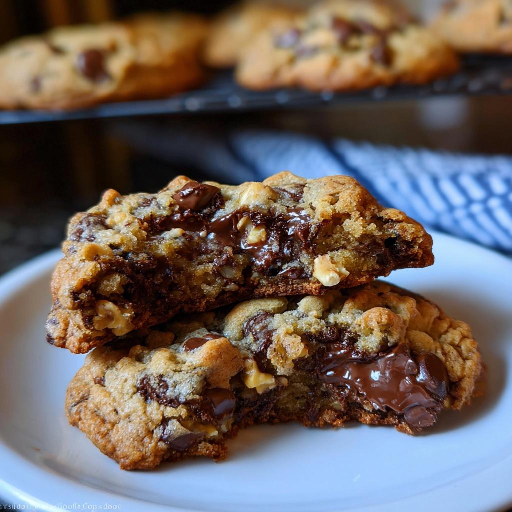 Two halves of a Thick Levain Style Chocolate Chip Walnut Cookie stacked, showing gooey melted chocolate and walnuts inside.