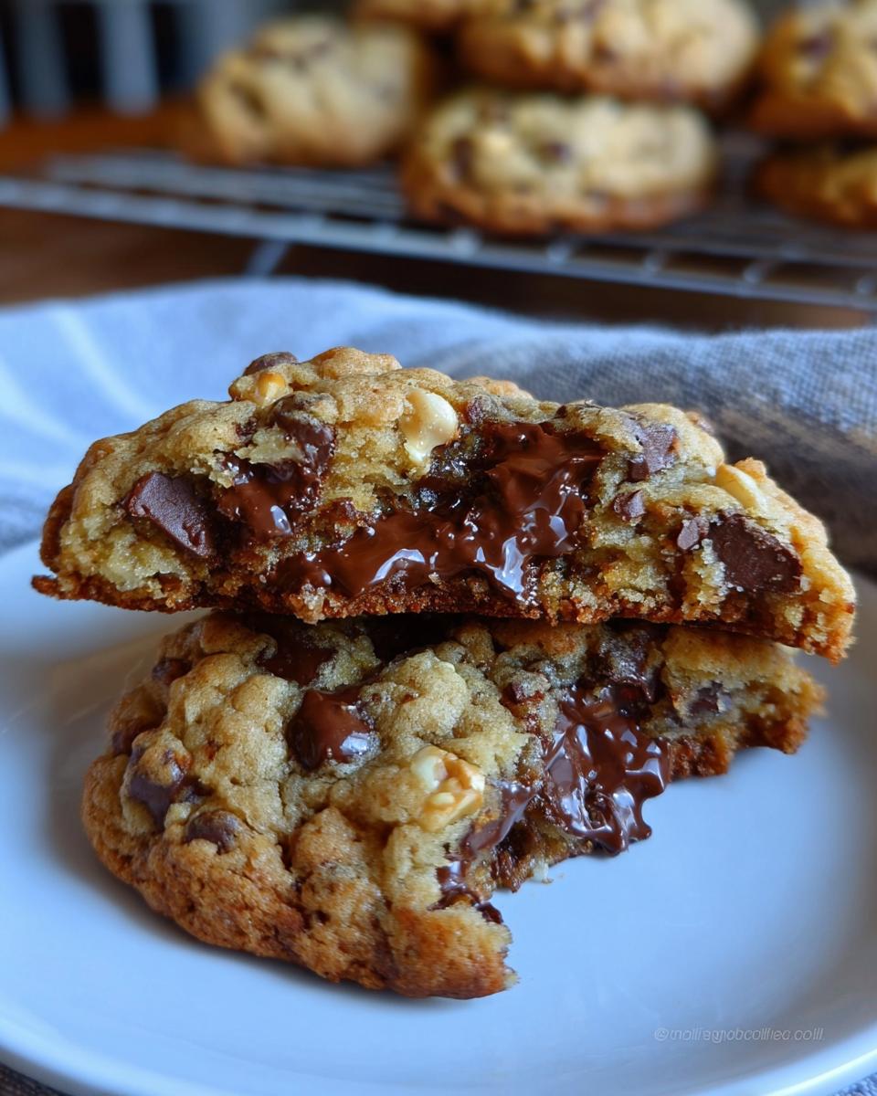 Close-up of a Thick Levain Style Chocolate Chip Walnut Cookie cut in half showing a gooey, melted chocolate center.