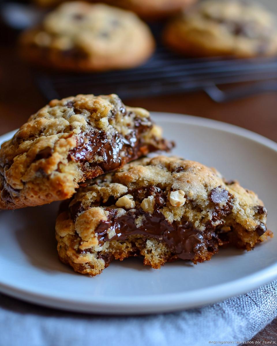 Close-up of Thick Levain Style Chocolate Chip Walnut Cookies broken open revealing gooey, melted chocolate center.