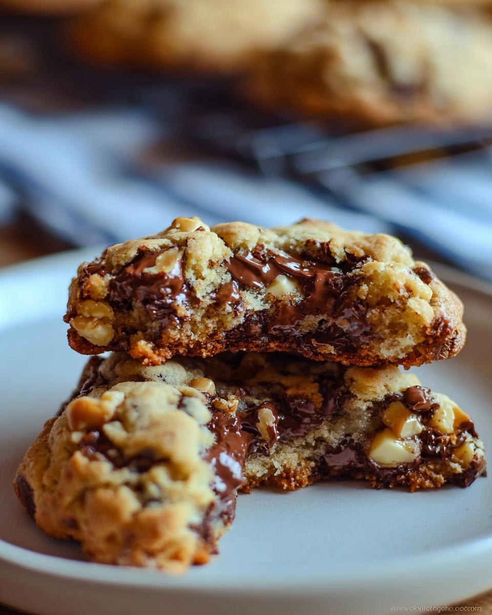 Close-up of two halves of Thick Levain Style Chocolate Chip Walnut Cookies stacked, showing gooey melted chocolate and walnuts.