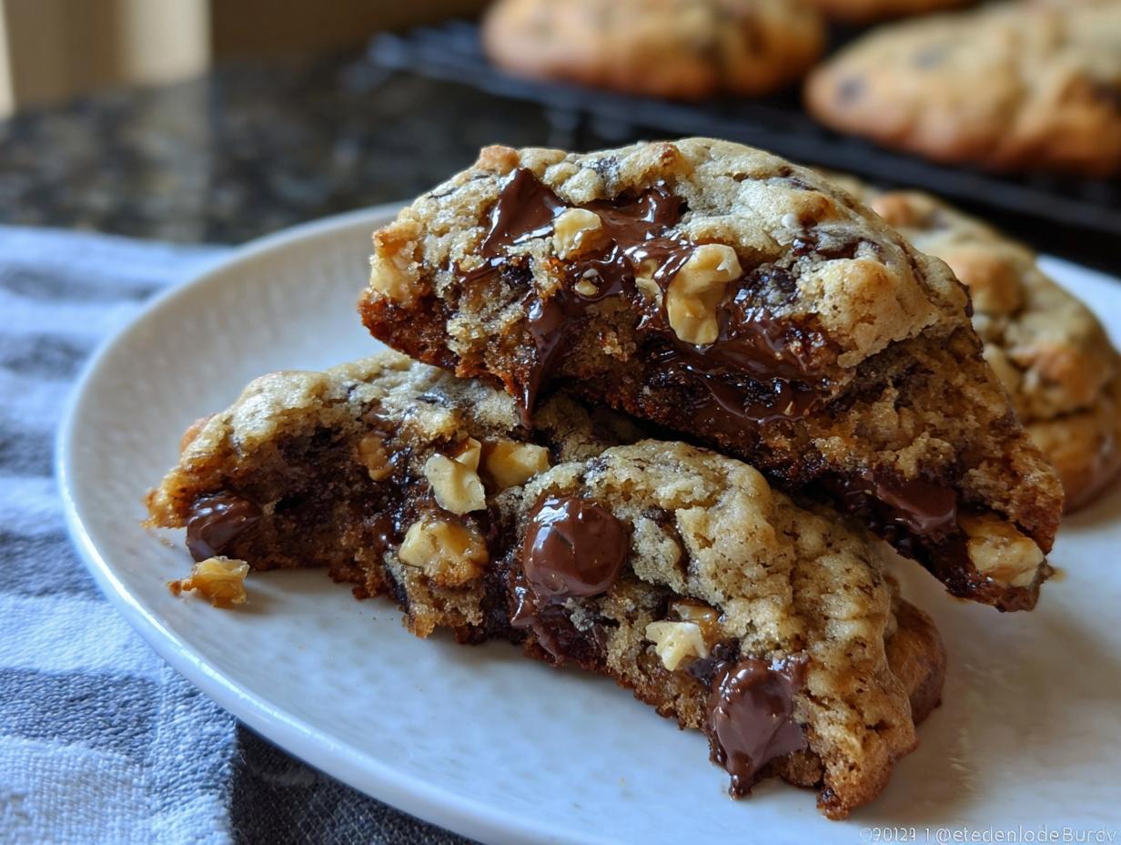 Close-up of two halves of a Thick Levain Style Chocolate Chip Walnut Cookie showing gooey melted chocolate and nuts.