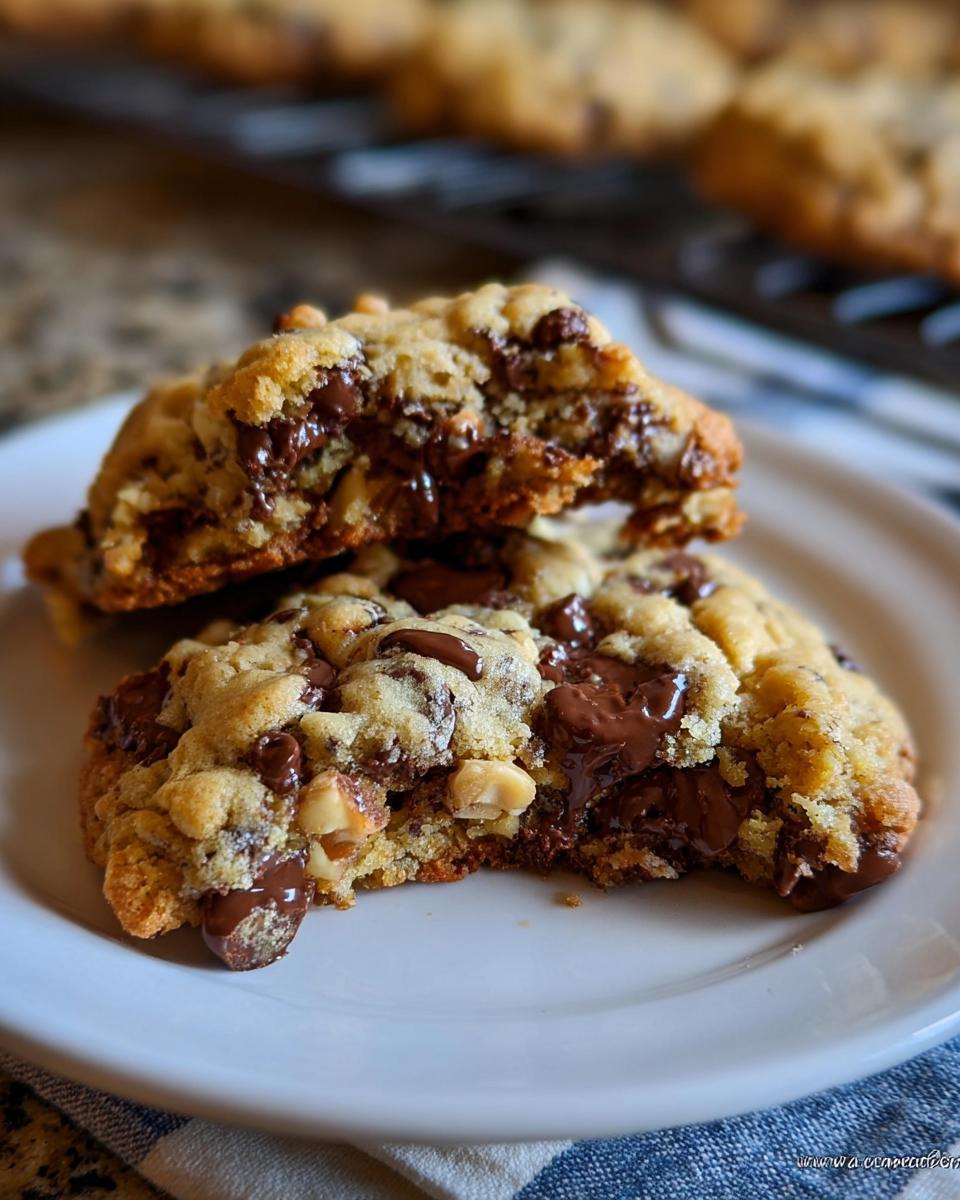 Close-up of a Thick Levain Style Chocolate Chip Walnut Cookie broken in half showing gooey melted chocolate and walnuts.