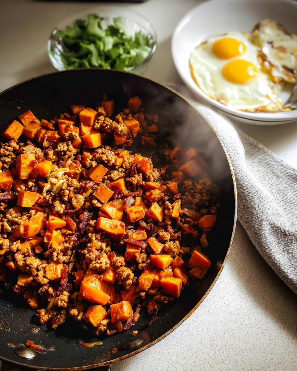 Steaming Turkey and Sweet Potato Skillet Hash cooking in a black pan, served with fried eggs nearby.