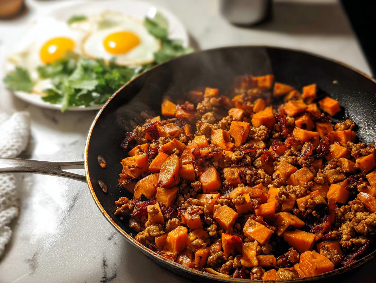Close-up of hot Turkey and Sweet Potato Skillet Hash steaming in a black skillet, with fried eggs visible in the background.
