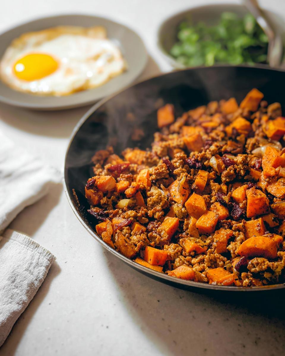 Close-up of hot Turkey and Sweet Potato Skillet Hash steaming in a black skillet, with a fried egg nearby.