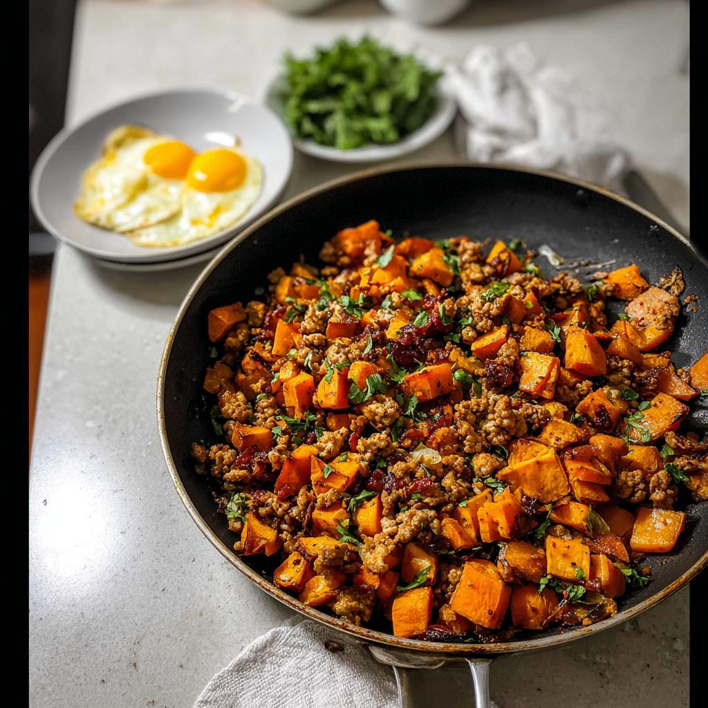 Close-up of Turkey and Sweet Potato Skillet Hash with ground turkey and diced sweet potatoes in a black skillet.