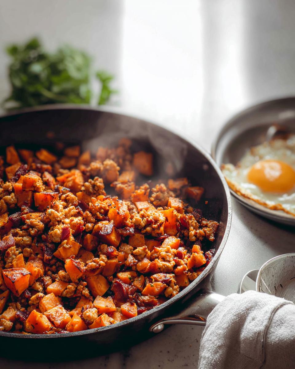 Steaming Turkey and Sweet Potato Skillet Hash cooking in a dark pan, with a fried egg visible nearby.