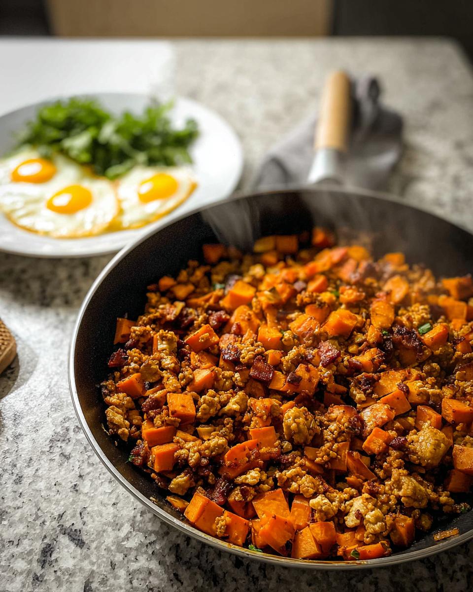 Close-up of steaming Turkey and Sweet Potato Skillet Hash with diced sweet potatoes and ground turkey in a black skillet.