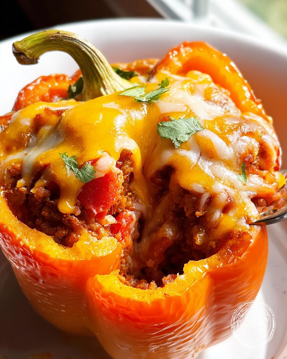 Close-up of a baked orange bell pepper filled with ground turkey taco meat and topped with melted cheddar and Monterey Jack cheese.