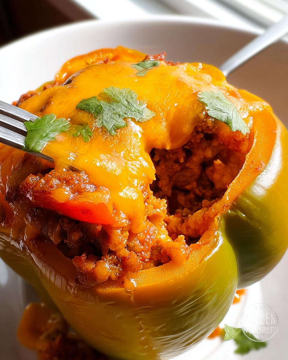 A fork pulling a bite from a green bell pepper filled with turkey taco meat and topped with melted orange cheese and cilantro.