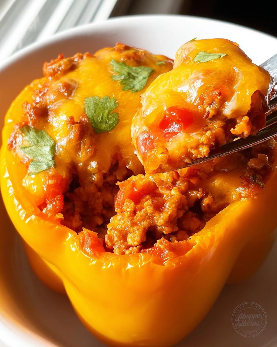 A close-up of a bright yellow Turkey Taco Stuffed Pepper filled with seasoned ground turkey and topped with melted cheddar cheese and cilantro.