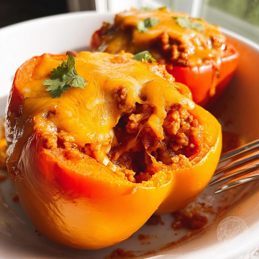 Close-up of a bright orange Turkey Taco Stuffed Pepper overflowing with seasoned ground turkey and melted cheddar cheese.