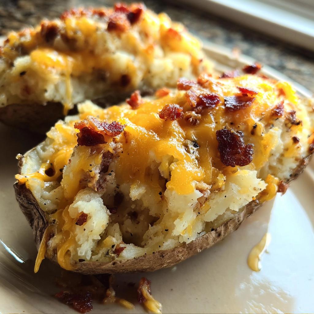 Close-up of a Twice Baked Bacon Cheddar Potatoes half, loaded with melted cheddar cheese and crispy bacon bits.