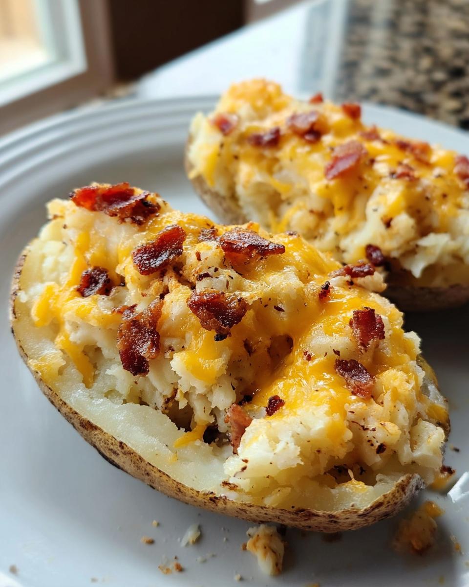 Two halves of Twice Baked Bacon Cheddar Potatoes topped with melted cheese and bacon bits, served on a white plate.