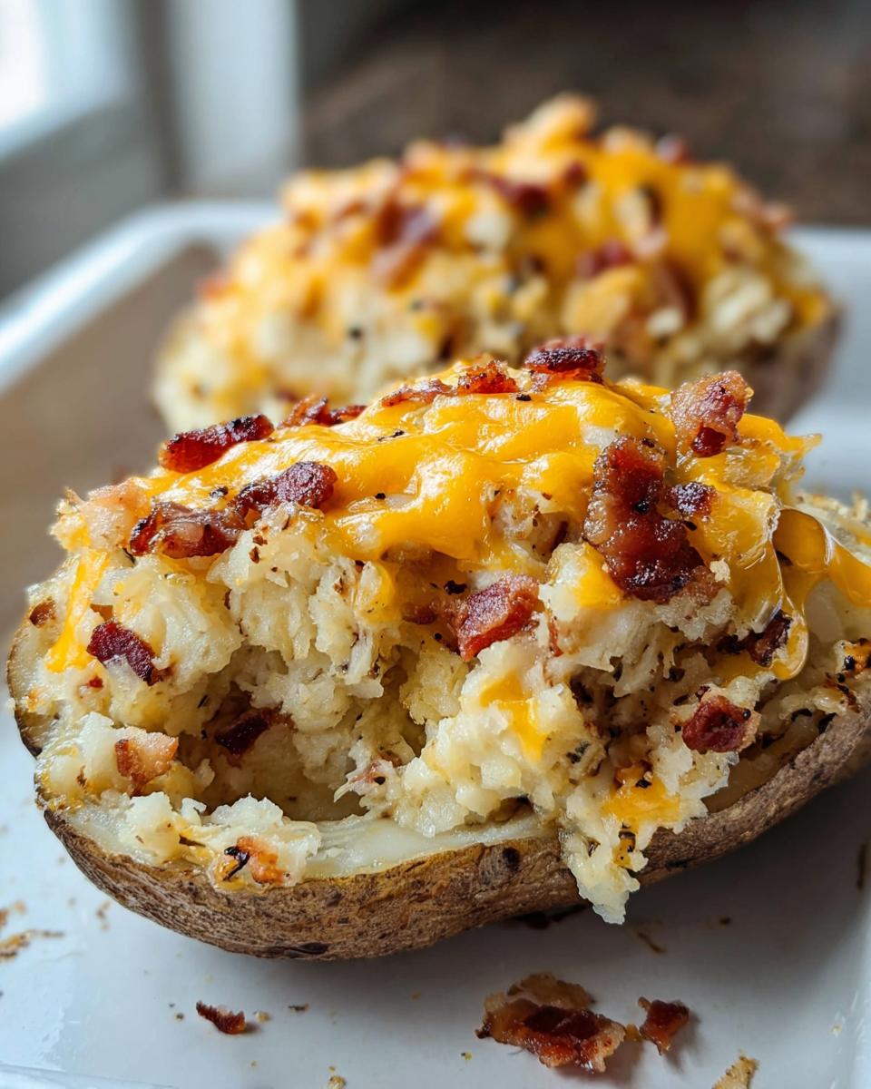Close-up of a Twice Baked Bacon Cheddar Potatoes half, showing fluffy filling topped with melted cheddar cheese and crispy bacon bits.