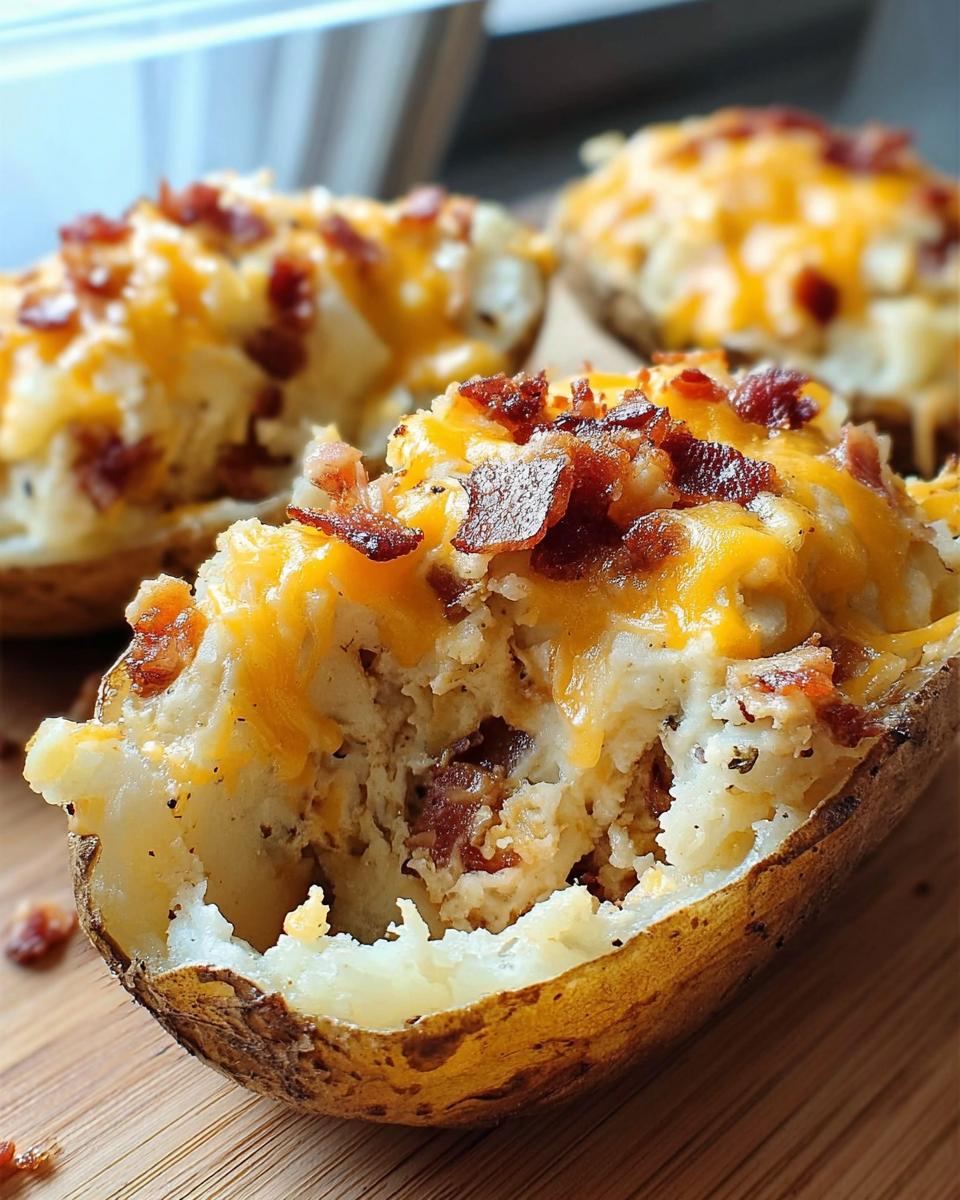 A close-up view of a Twice Baked Bacon Cheddar Potatoes half, showing creamy filling topped with melted cheddar cheese and crispy bacon bits.
