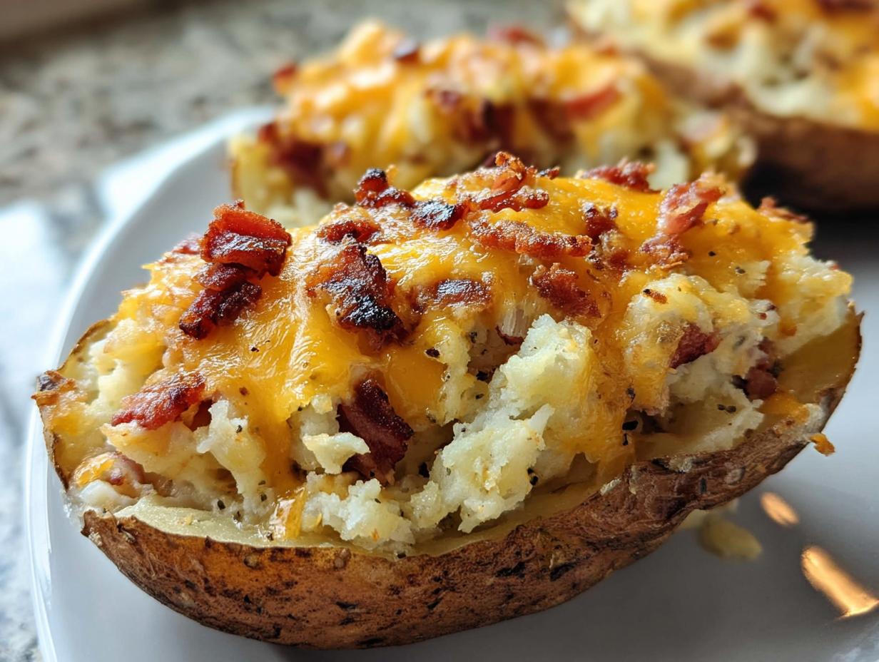 Close-up of a Twice Baked Bacon Cheddar Potatoes half, loaded with melted cheese and crispy bacon bits.