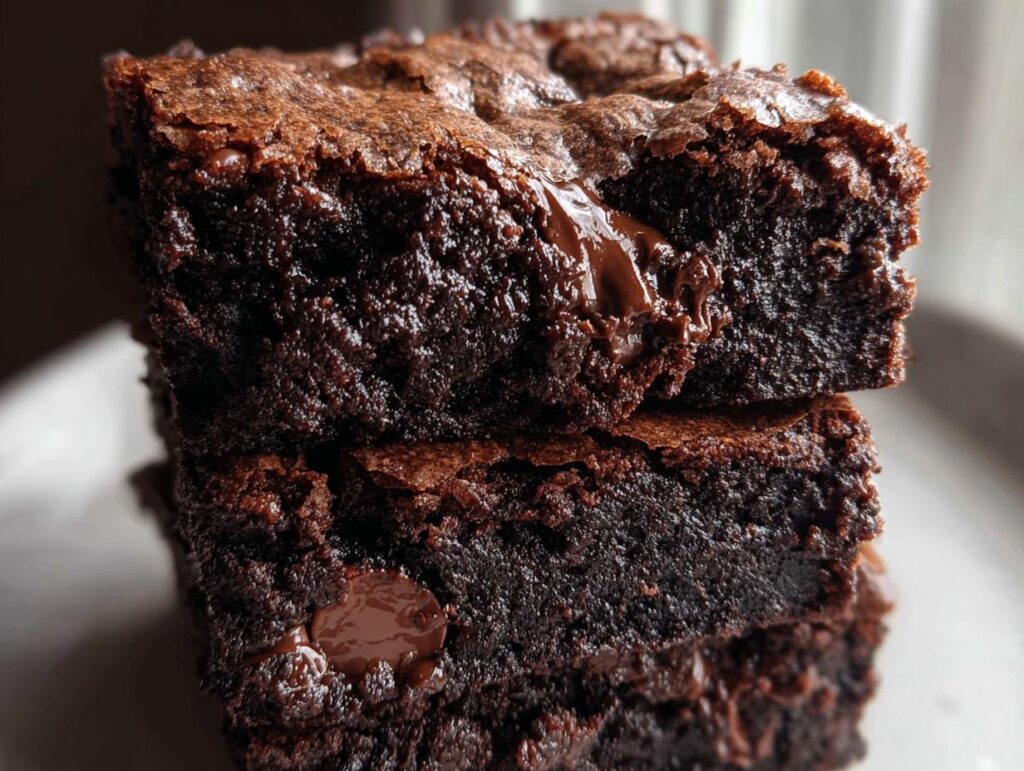 A close-up stack of three Ultimate Fudgy Dark Chocolate Brownies showing gooey centers and shiny tops.