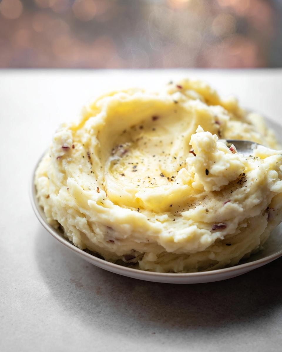 A bowl filled with steaming Ultra Creamy Garlic Mashed Potatoes, topped with melted butter and black pepper.
