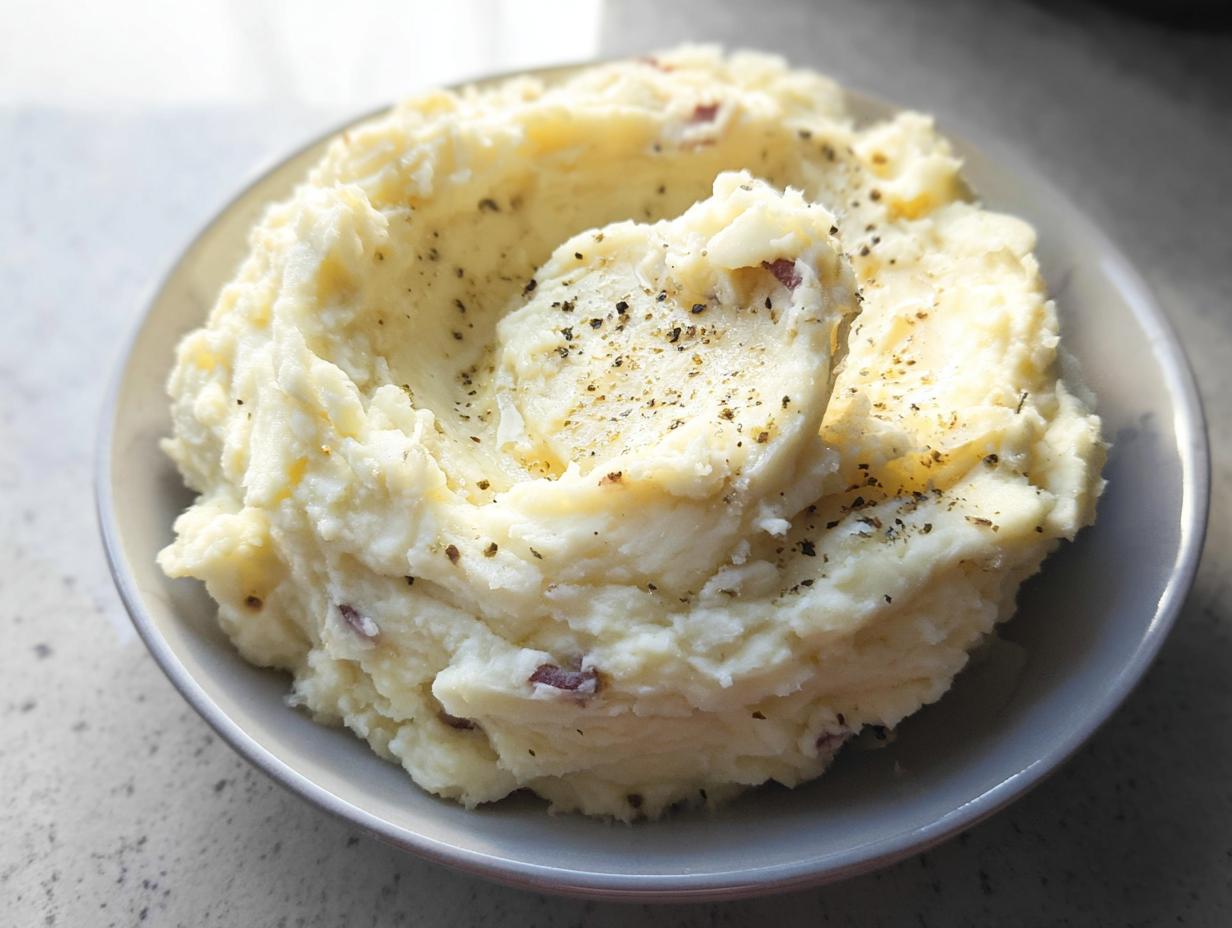 A close-up of a bowl filled with Ultra Creamy Garlic Mashed Potatoes, topped with melted butter and cracked black pepper.