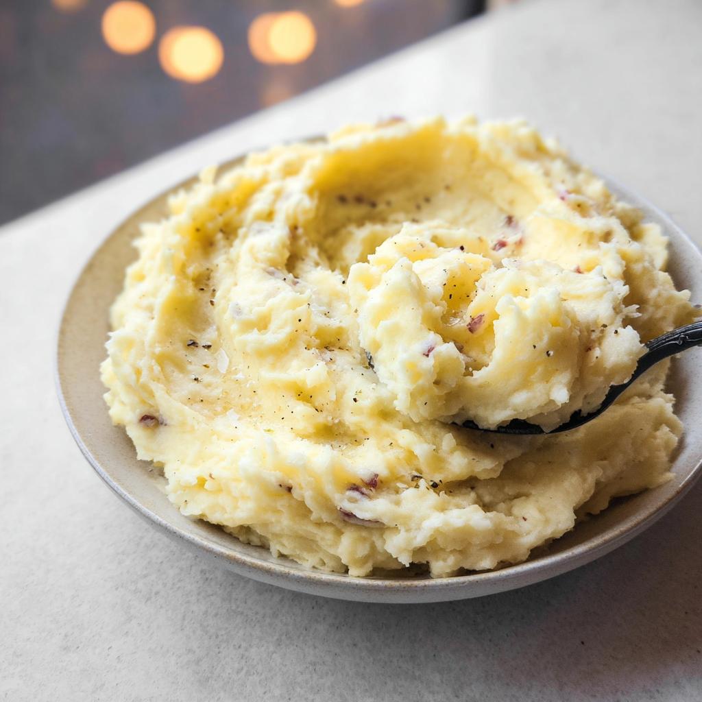 A spoonful of Ultra Creamy Garlic Mashed Potatoes being lifted from a bowl, seasoned with pepper.