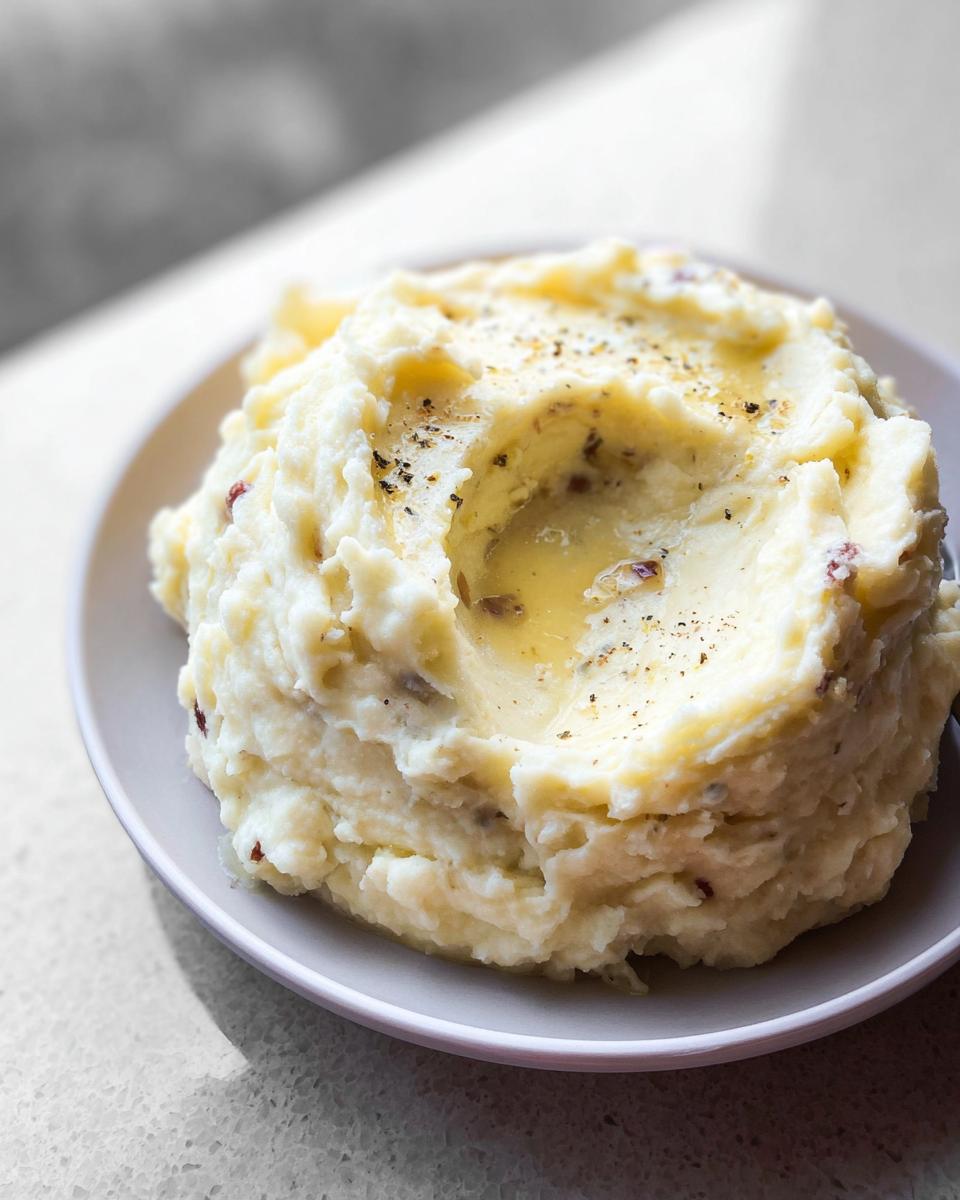 A generous serving of Ultra Creamy Garlic Mashed Potatoes with melted butter and cracked pepper.