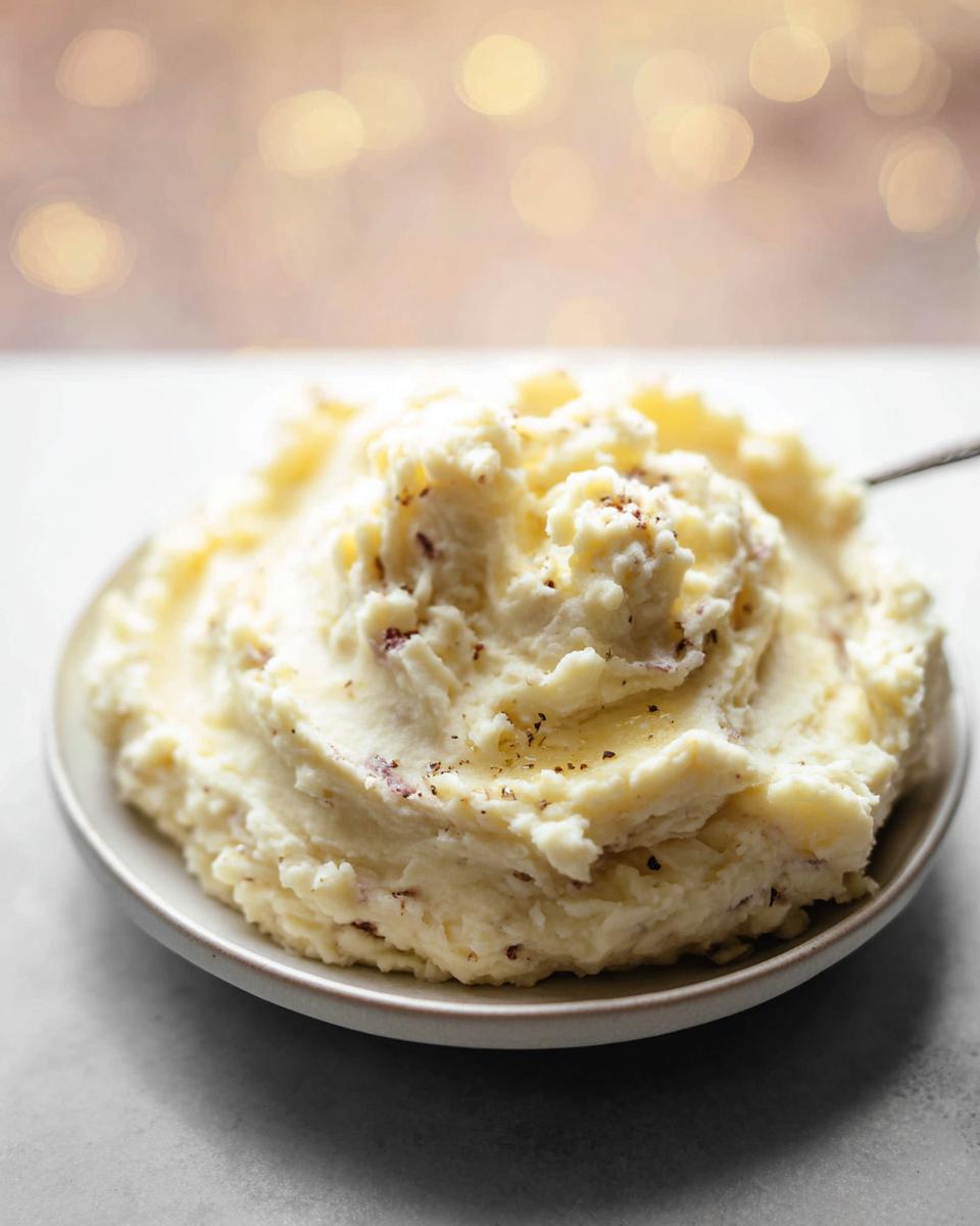 A generous serving of Ultra Creamy Garlic Mashed Potatoes topped with melted butter and pepper on a small plate.