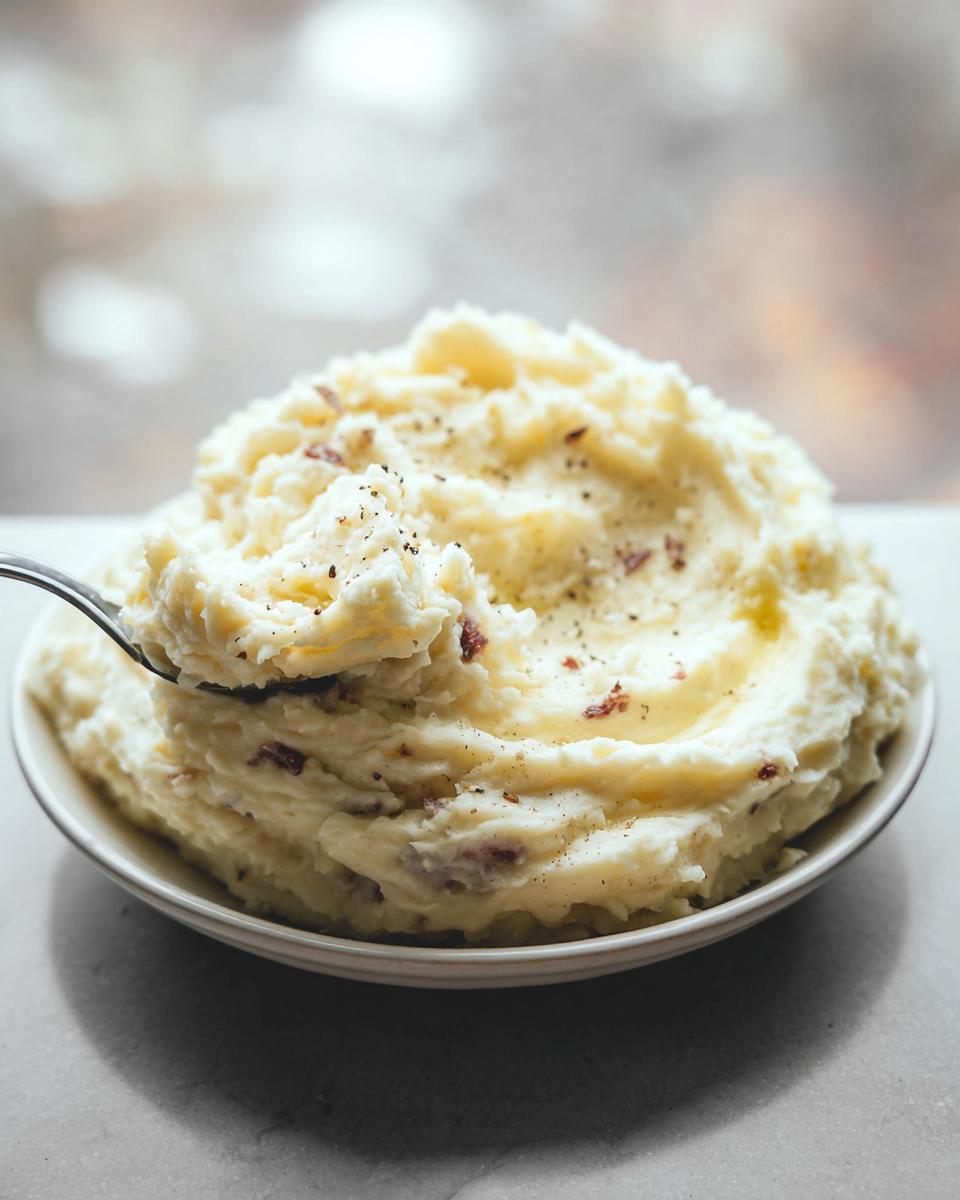 A spoonful of Ultra Creamy Garlic Mashed Potatoes being lifted from a white bowl, topped with pepper.