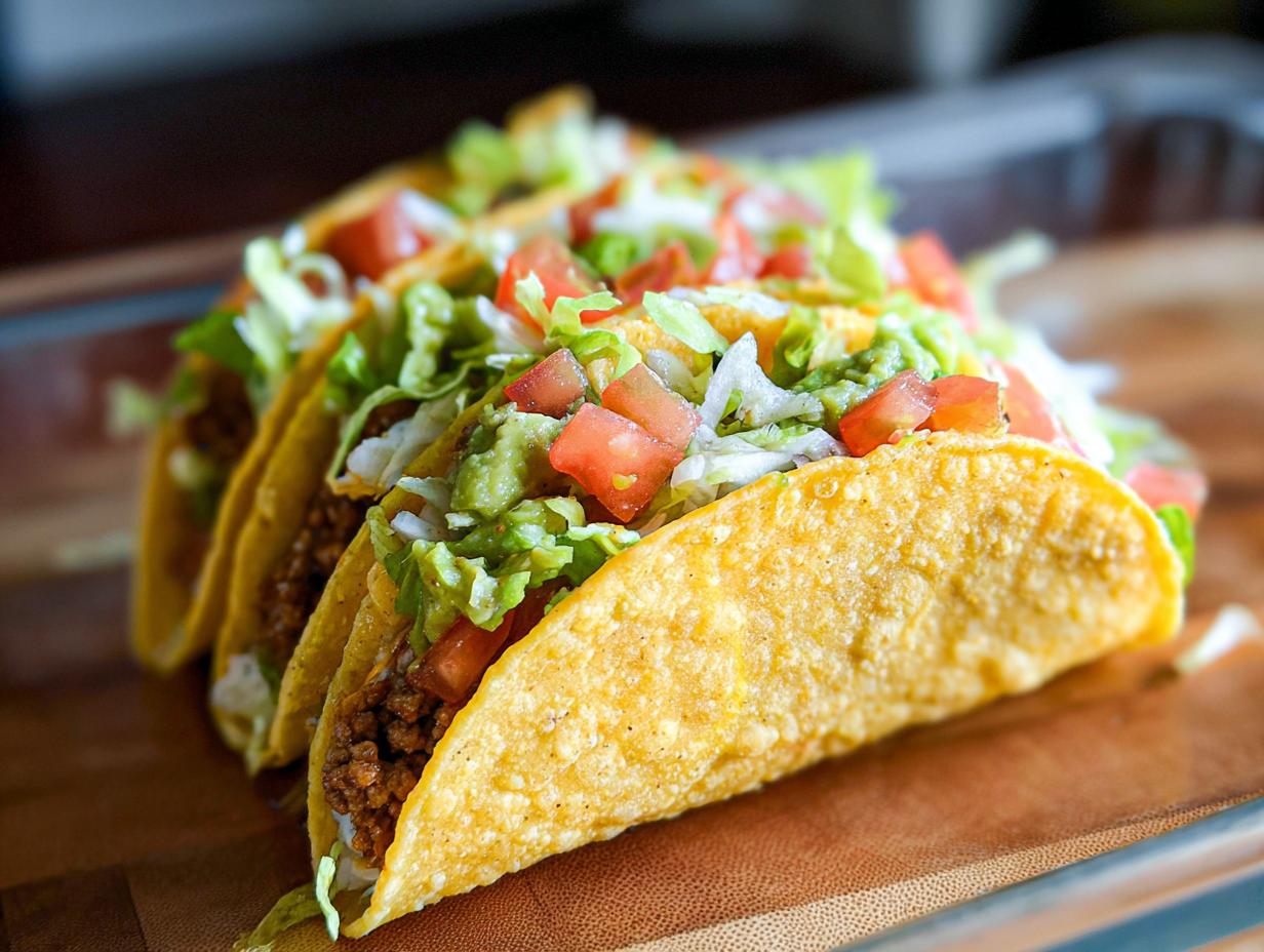 A close-up of three hard-shell tacos filled with seasoned meat, lettuce, tomatoes, and guacamole, perfect for Unique Easy Taco Recipes.
